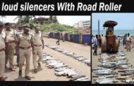 Crushing loud silencers Exhaust Pipes of bikes With Road Roller at beach road Visakhapatnam