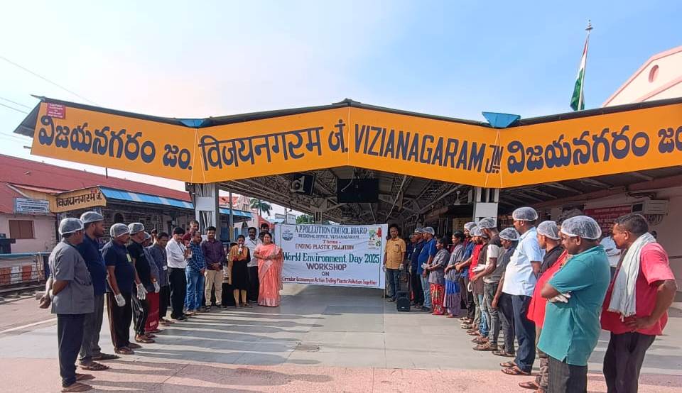 Vizagnagram Vizag vision WALTAIR DIVISION CONTINUES CLEAN ENVIRONMENT CAMPAIGN In a focused effort to promote sustainability, reduce plastic pollution, and engage the community, Indian Railways has launched a comprehensive clean environment campaign from May 22 to June 5, 2025, in observance of World Environment Day. The initiative involves passengers, NGOs, students, and the general public.As part of the campaign, Waltair Division has undertaken several initiatives to raise environmental awareness. Public drives at station premises are informing passengers about the ban on single-use plastics and encouraging the use of reusable steel bottles to curb plastic waste.The Environment & Housekeeping Department of Waltair Division conducted special cleanliness and waste management drives at various railway stations, railway establishments, and nearby areas, with active support from the railway staff and NGOs.Additionally, in collaboration with the Pollution Control Board, an awareness drive was held at Vizianagaram railway station. Placards and slogan announcements during train arrivals highlighted the harmful effects of plastic and promoted sustainable practices among passengers.