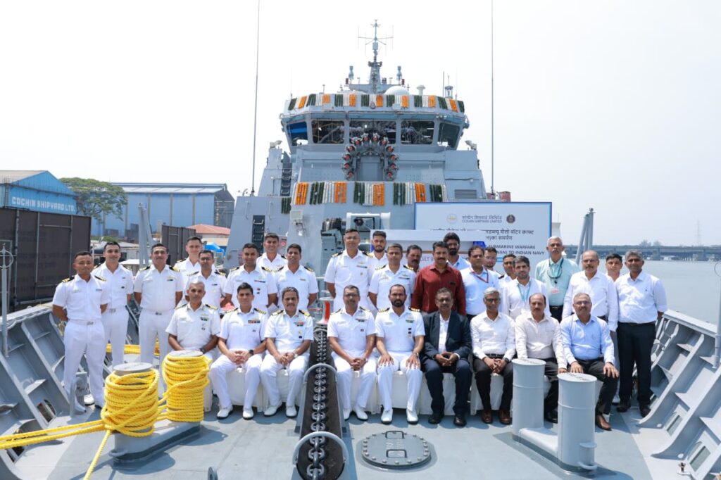 Vizag Vision New Delhi :DELIVERY OF MALWAN – THE SECOND ANTI-SUBMARINE WARFARE SHALLOW WATER CRAFT BUILT BY CSL, KOCHI‘Malwan’, the second of eight Anti-Submarine Warfare Shallow WaterCraft (ASW SWC) built by Cochin Shipyard Limited (CSL), Kochi, wasdelivered to the Indian Navy on 31 Mar 2026.The vessel has been indigenously designed and constructed by CSL,Kochi to Indian Navy’s specifications in accordance with Classification Rules of DNV. Malwan’ draws its name from the historic coastal town of Malwanin Maharashtra, a region intrinsically linked to the illustrious maritime heritage of Chhatrapati Shivaji Maharaj. The ship also encapsulates the legacy of the erstwhile INS Malwan, an Indian Naval Minesweeper which remained in service till 2003, thereby continuing the naval tradition of preserving distinguished warship names.The ship is equipped for underwater surveillance, Anti-SubmarineWarfare (ASW) operations in coastal waters, Low Intensity MaritimeOperations (LIMO) along with mine warfare capabilities. Measuringapproximately 80 metres in length and displacing 1,100 tons, the Waterjets propelled ASW SWCs are equipped with torpedoes, multifunctional antisubmarine rockets, and state-of-the-art sensors including advanced radars and sonar systems.With over 80% indigenous content, Malwan marks another milestonein indigenous warship construction and reaffirms the Government of India’s vision of ‘Aatmanirbhar Bharat’. The ship proudly carries equipment and systems developed and integrated onboard by the domestic defence manufacturing ecosystem, including MSMEs.
