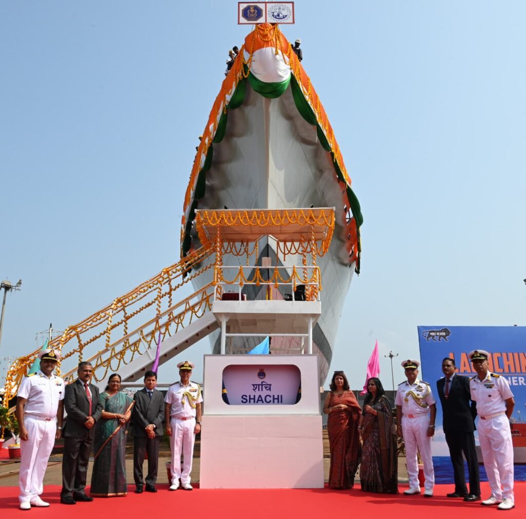 Vizag Vision New Delhi :LAUNCH OF FIRST NEXT GENERATION OFFSHORE PATROL VESSEL(YARD 1280, SHACHI) AT M/S GSL, GOAYard 1280 (Shachi), the first of eleven Next Generation OffshorePatrol Vessels (NGOPVs), was launched at M/s GSL, Goa on 31 Mar 2026 by Mrs Shagun Sobti, in the presence of VAdm Tarun Sobti, Deputy Chief of the Naval Staff.The event was conducted with full naval traditions. Senior dignitariesfrom the Indian Navy, Ministry of Defence, and GSL attended the occasion. The construction of NGOPVs is being undertaken concurrently at two shipyards (GSL, Goa & GRSE, Kolkata). These indigenously built ships will augment the existing ten OPVs/ NOPVs for multi-domain operations, such as defence & surveillance, search and rescue, protection of offshore assets, HADR and anti-piracy missions. These ships derive their names from Indian mythology, with first ship (ex-GSL) being named as ‘Shachi’, meaning one who renders assistance. The crest design of NGOPVs depicts the constellation of Ursa Major and a red and white lighthouse.