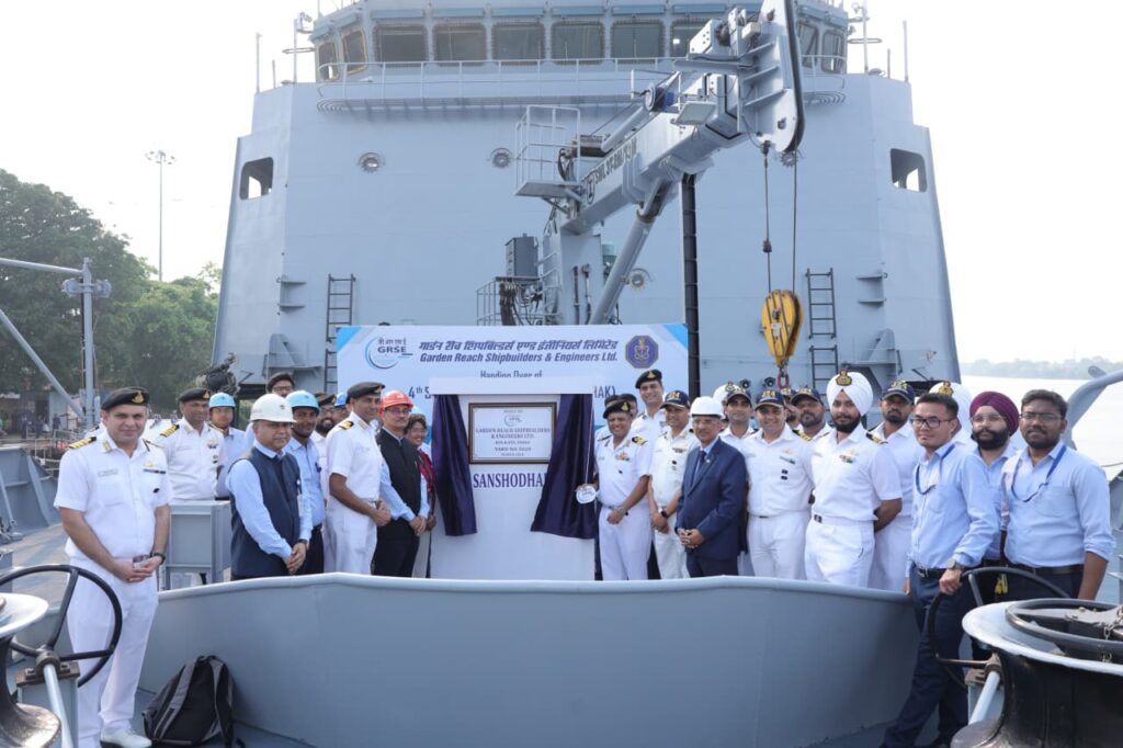 Vizagvision New Delhi :FOURTH SURVEY VESSEL (LARGE) ‘SANSHODHAK’ DELIVERED TO INDIAN NAVY AT GRSE KOLKATAINDIAN NAVY INDUCTS FINAL SURVEY VESSEL (LARGE)‘SANSHODHAK’, COMPLETING FOUR-SHIP PROJECTSanshodhak (Yard 3028), the last Survey Vessel (Large) ship steeredby the Indian Navy’s Warship Design Bureau, being built at Garden Reach Shipbuilders & Engineers Ltd (GRSE), Kolkata was delivered to the Indian Navy on 30 Mar 2026.The contract for four Survey Vessel (Large) ships was signed on 30 Oct 2018. The previous ships of the same class, INS Sandhayak, INS Nirdeshak and INS Ikshak were commissioned on 03 Feb 2024, 18 Dec 2024 and 06 Nov 2025, respectively. The SVL ships are designed and built as per classification rules of Indian Register of Shipping by M/s Garden Reach Shipbuilders & Engineers Ltd (GRSE), Kolkata. The ship is capable of full-scale coastal and deep-water Hydrographic survey of port/Harbour approaches and determination of navigational channels/ routes. The ship's role also includes collecting oceanographic and geophysical data for defence and civil applications.With a displacement of about 3400 tons and an overall length 110meters, Sanshodhak is fitted with state-of-the-art hydrographicequipment such as Data Acquisition and Processing System,Autonomous Underwater Vehicle, Remotely Operated Vehicle, DGPSlong-range positioning systems, Digital Side Scan Sonar, etc. Powered by two diesel engines, the ship can achieve speeds in excess of 18 knots. Keel of the ship was laid in Jun 22 and the ship was launched in Jun 23.The ship has undergone a comprehensive schedule of trials in harbour and at sea prior to its delivery.Sanshodhak has an indigenous content in excess of 80% by cost. Thedelivery of Sanshodhak is a testimony to the relentless efforts of theGovernment of India and the Indian Navy towards Aatmanirbhar Bharat and is a tribute to the collaborative efforts of a large number of stake holders,MSMEs and the Indian industry in enhancing the maritime prowess of the nation in the Indian Ocean Region.